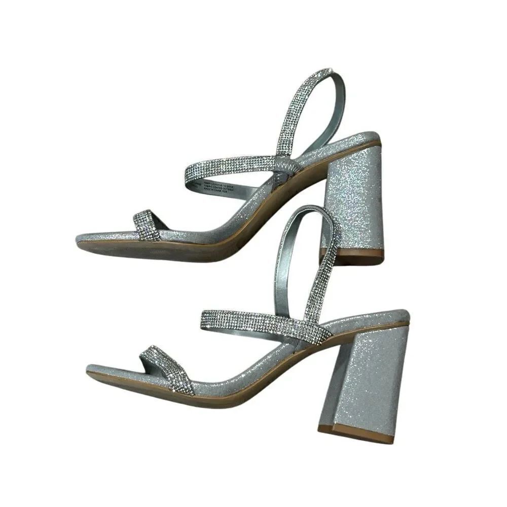 Chelsea & Violet silver rhinestone block heels strappy sandals 9